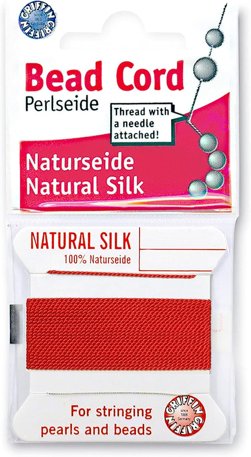 Griffin Silk Bead Cord Perlseide Red Color Size 4 (0.60mm) 2 Meters per Card Stainless Steel Needle Attached
