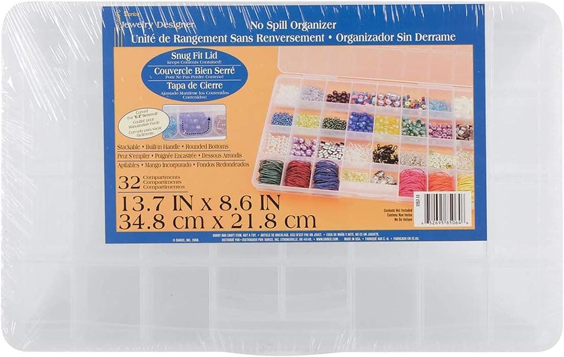 Darice No-Spill Plastic Bead Organizer - Craft Supply Storage Box with 32 Compartments, Stackable with Lid