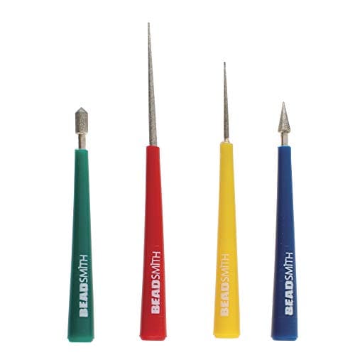 The Beadsmith 4-piece Diamond Tipped Bead Reamer Set, Color Coded Plastic Handles, Remove Burrs, Enlarge Holes, Smooth Edges