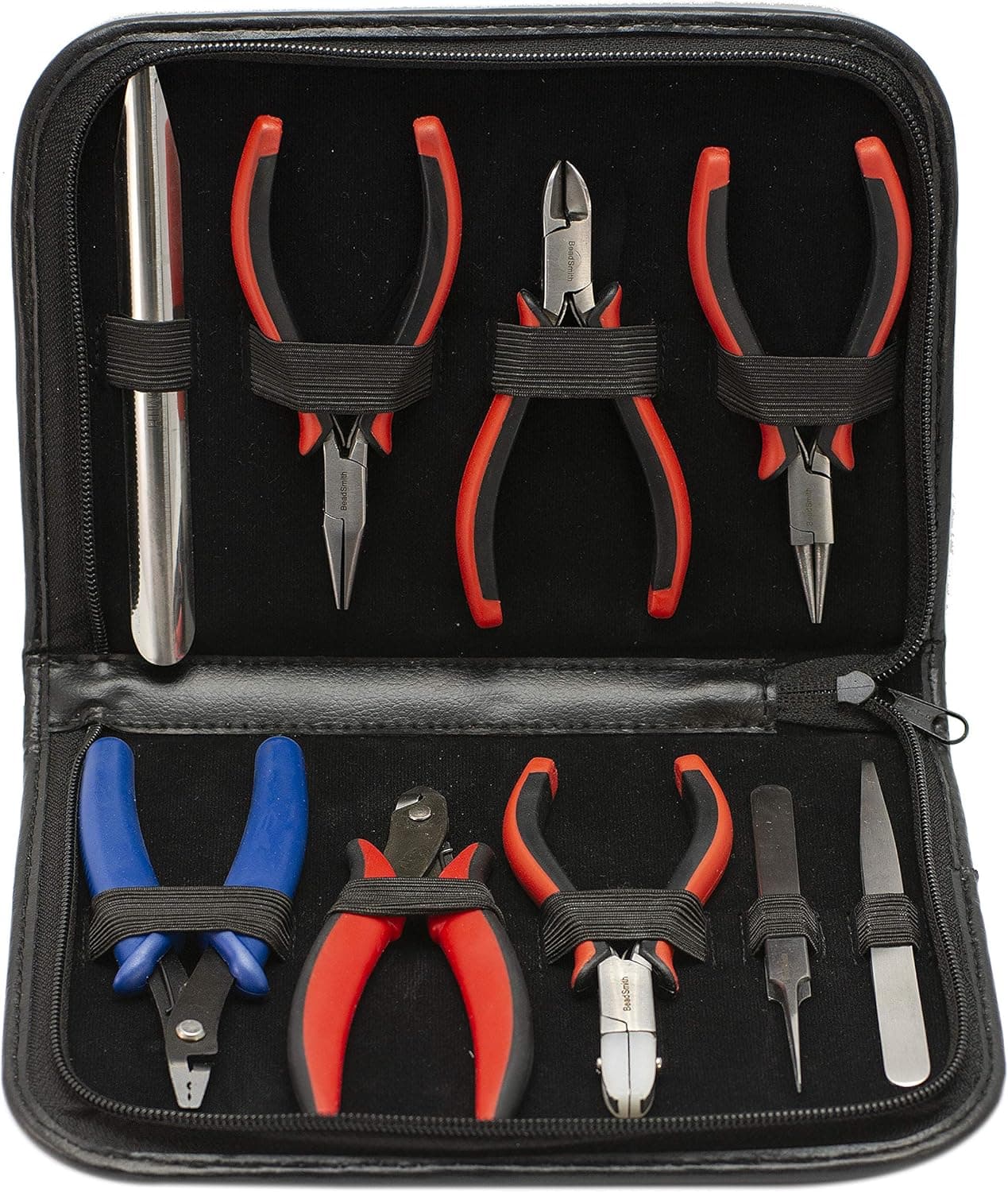 The Beadsmith Deluxe Beader's Tool Set - 9Pcs: Ergo Round, Chain, Tungsten Carbide Cutter, Nylon Flat, Cutter Crimpers, Knotting & Tweezers