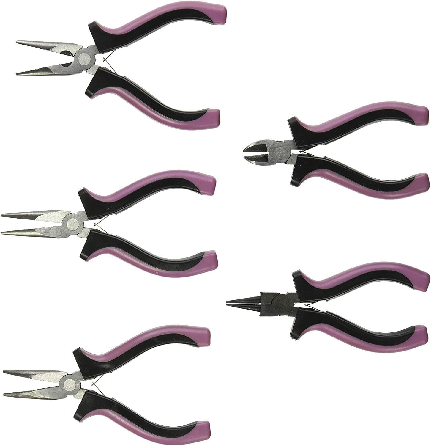 Darice Jewelry Pliers, Set of 5 - Bent Nose, Two Styles of Long Nose, Straight Nose and Wire Cutter Plier, Soft Comfort Grip Handles
