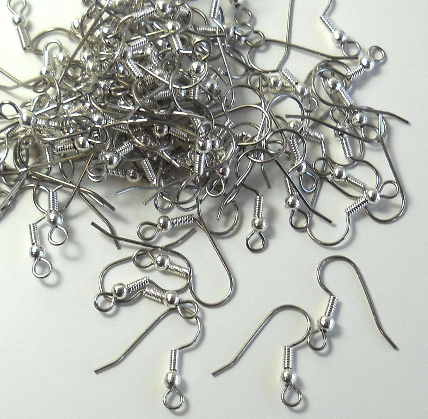 Surgical Steel Earring Earwires Hypoallergenic Fishhook Silver-Plated Ball and Coil with Open Loop, 21 Gauge, 100 Pairs