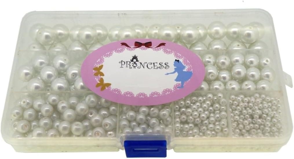 Glass Pearl Beads for Jewelry Making, Round, White Colors, Mixed Size, Box Set, Bulk Lot