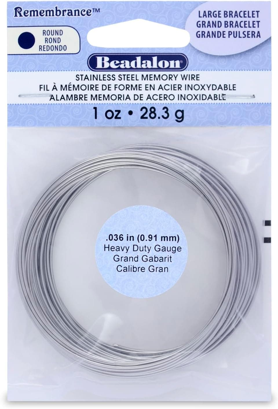 Beadalon Remembrance Stainless Steel Memory Wire Heavy Duty Round Bracelet Large Bright 1 oz Approx. 30 Coils