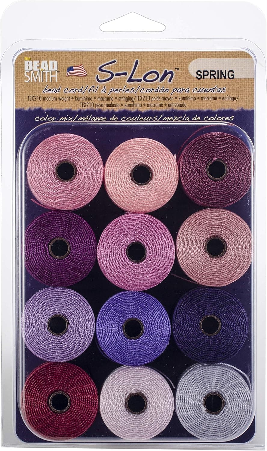 The Beadsmith S-Lon Bead Cord .5mm Twisted Nylon Cord for Stringing 12-Pack Spring Mix TEX210 77 Yards per Spool