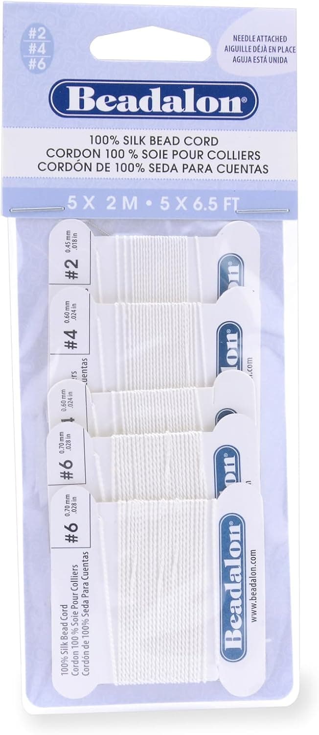 Beadalon Silk Thread Variety Pack with Pre-Attached Beading Needle White 5 Pk Size 2 4 6 Bead Thread for Knotting Pearls