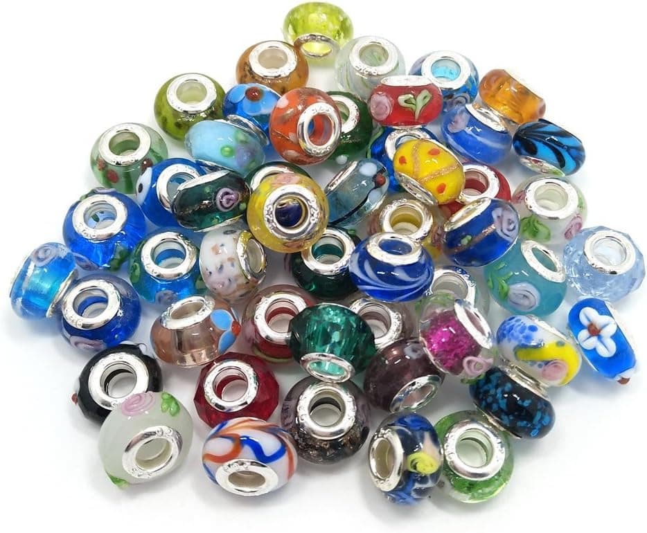 Lampwork Murano Glass Beads 50PCS 14mm Diameter Handmade Lampwork Murano Glass Assorted Colors and Styles Fit European Bead Charm Bracelet