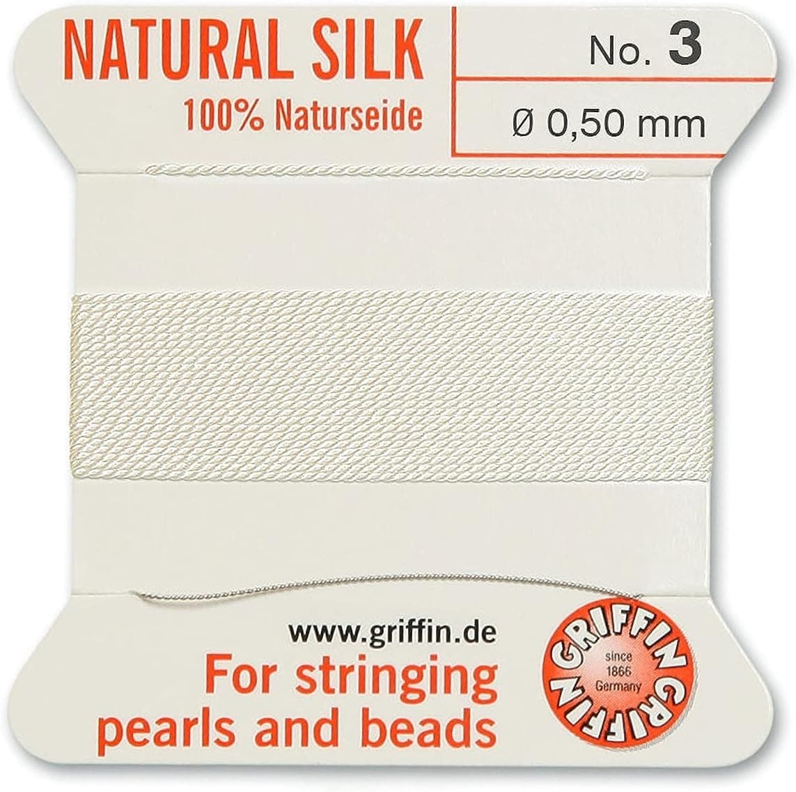 Griffin Natural Silk Thread for Stringing Pearls and Beads Size #3 White