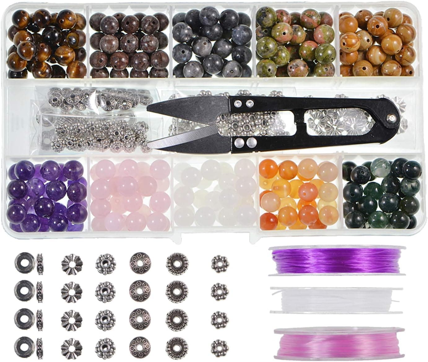 Stone Beads Box Set Kits 250pcs 8mm Round Natural Amethyst Rose Quartz Red Agate Larvikite Labradorite