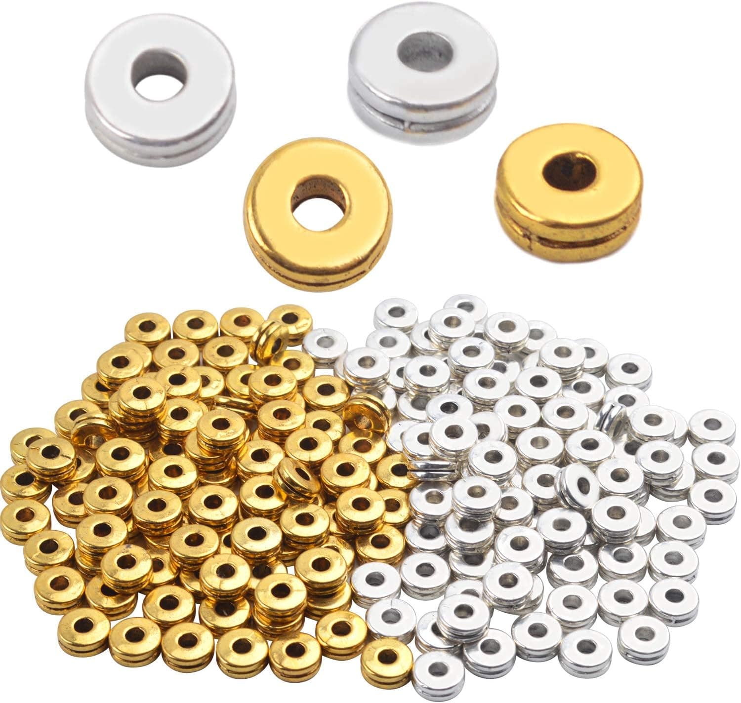 Metal Spacer Beads, 200pcs Flat Round Disc Rondelle Spacer Beads Metal Rondelle Beads Spacers for Jewelry Making (6mm) - Silver and Golden