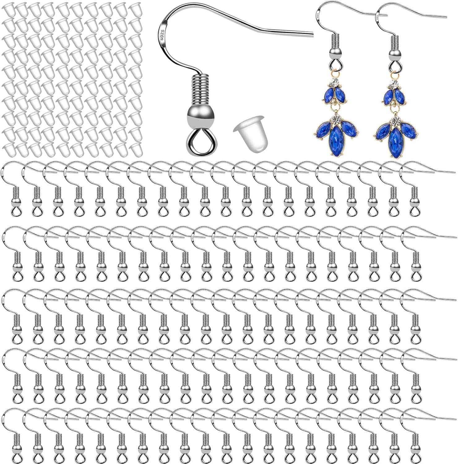 100 PCS/50 Pairs 925 Sterling Silver Earring Hooks Fish Hook Ear Wires French Wire Hooks with Clear Rubber Backs