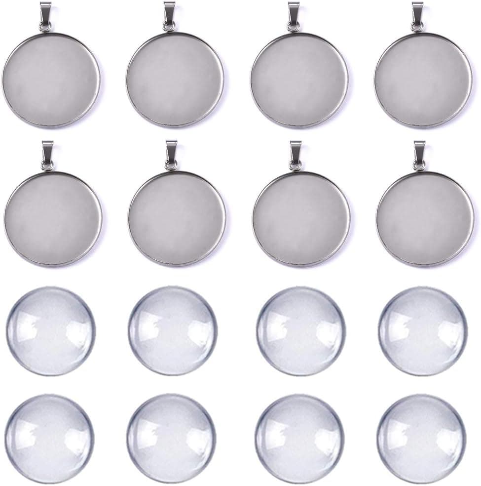 DROLE 60Pcs 20mm Stainless Steel Pendant Trays Kit - 30Pcs Jewelry Blanks with Pinch Clip Clasp and 30Pcs Glass Cabochons