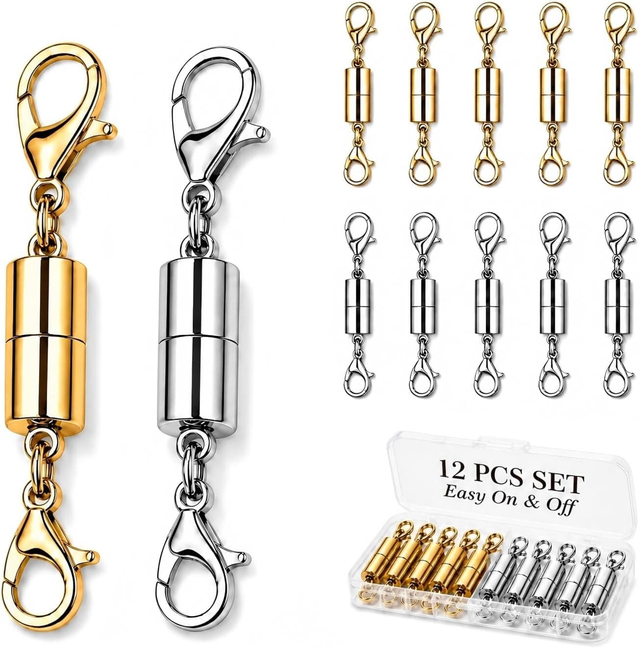 12 Pack Magnetic Necklace Clasps and Closures, Jewelry Extender with Strong Magnet, Gold and Silver Plating