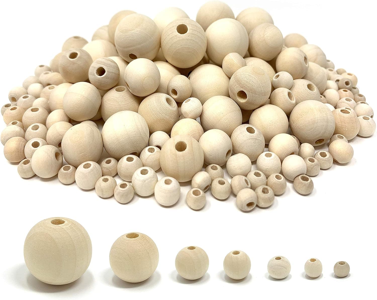 1000pcs Natural Wooden Beads, Round Unfinished Decorative Loose Spacer Beads 7 Sizes 6mm-20mm