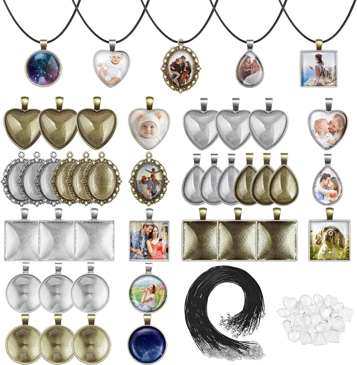 Aenezus Pendant Trays Set with Glass Cabochons for Jewelry Making - 90pcs, Includes 30pcs Bezel Pendants, 30 Glass Cabochons, 30 Necklace Cords