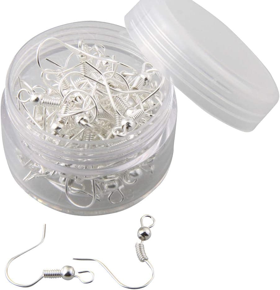 ALLinONE Metal Earring Hooks Fish Hook Earrings Ear Wires with Ball and Coil with Container (Silver)