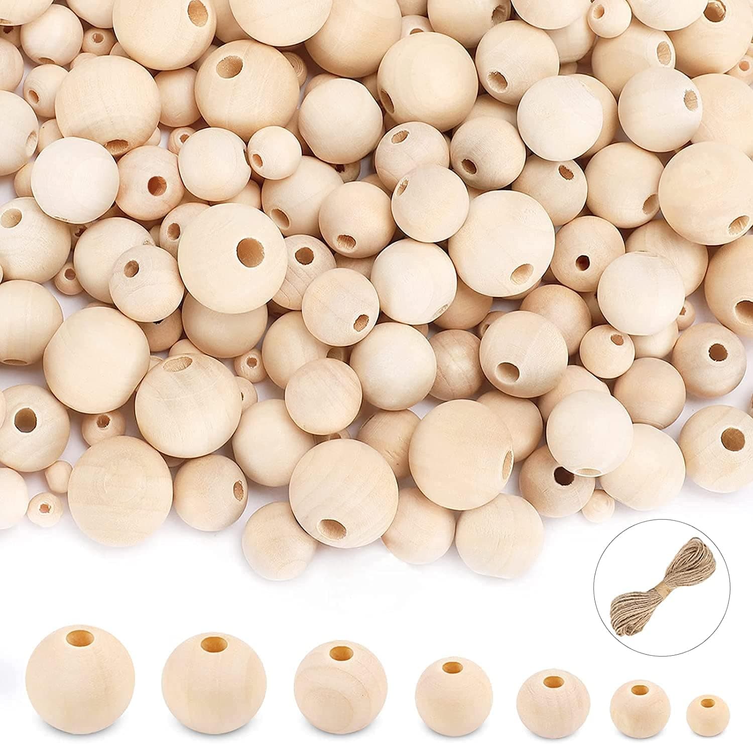 UOONY 800pcs Wooden Beads for Crafts - 7 Sizes Natural Unfinished Wood Beads Bulk 6mm-20mm