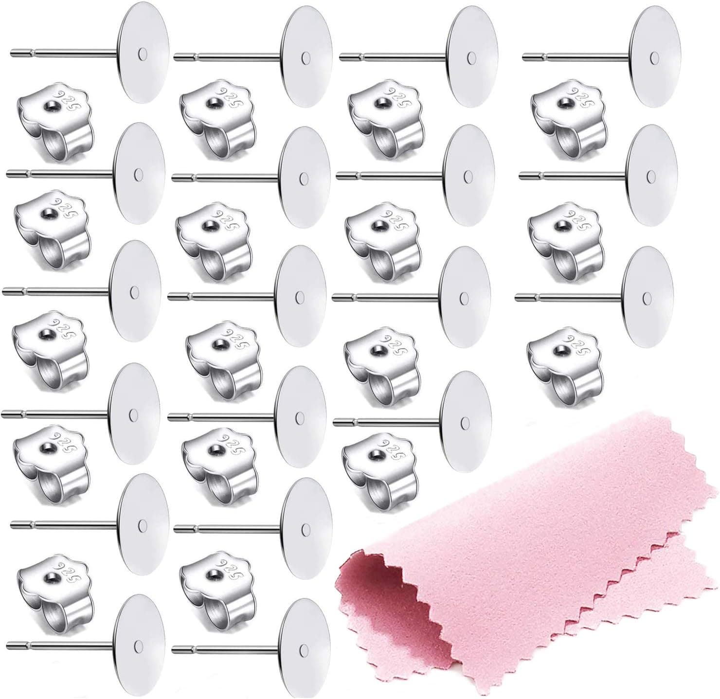 25 Pair 925 Sterling Silver Earrings Posts Flat Pad Ear Stud Hypoallergenic Blank Earring Pins with Sterling Silver Backs (6mm)