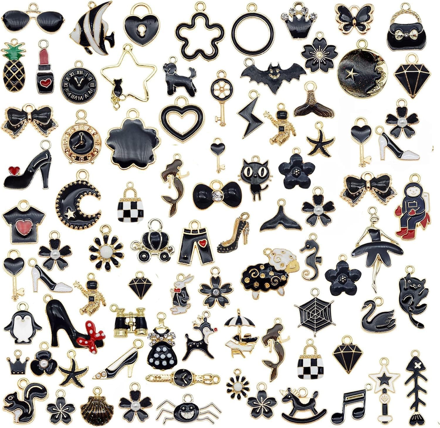 Julie Wang 30pcs Enamel Black Assorted Charms for Bracelets Jewelry Making Bulk Pendants Necklace Earrings Keychain