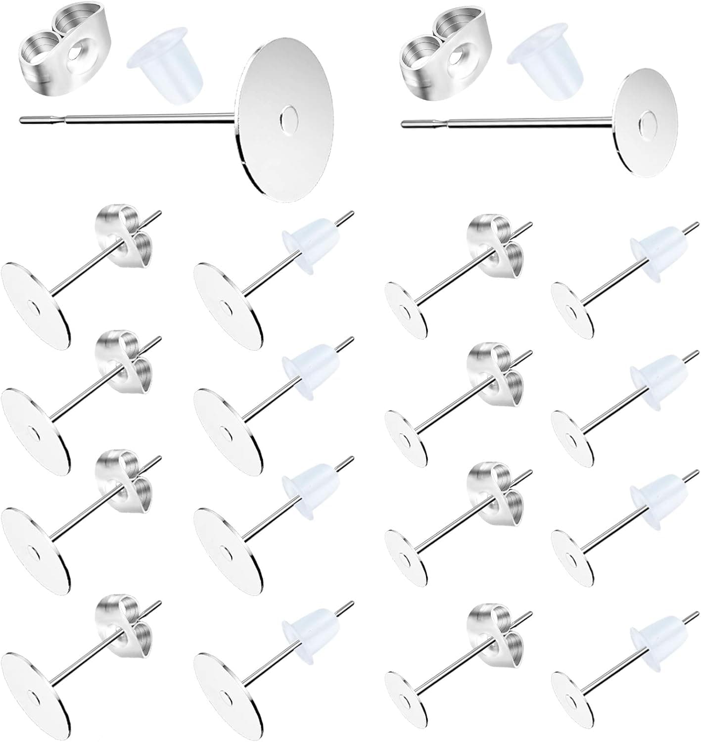 Earring Posts Stainless Steel, 500Pcs Hypoallergenic Flat Pad Earring Studs (4mm, 6mm) with Butterfly and Rubber Bullet Backs