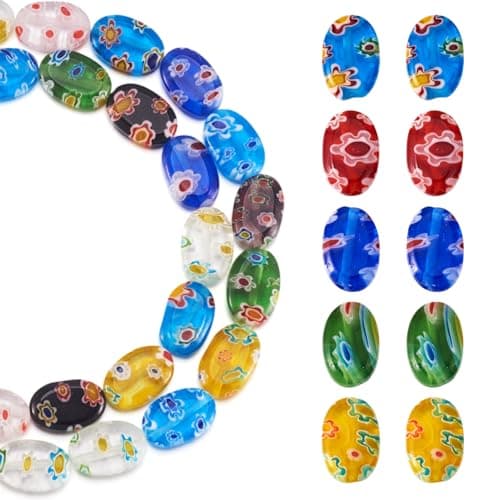 Craftdady 33pcs Handmade Lampwork Glass Beads 8x12mm Flat Oval Millefiori Loose Beads with 1mm Hole for Jewelry Making