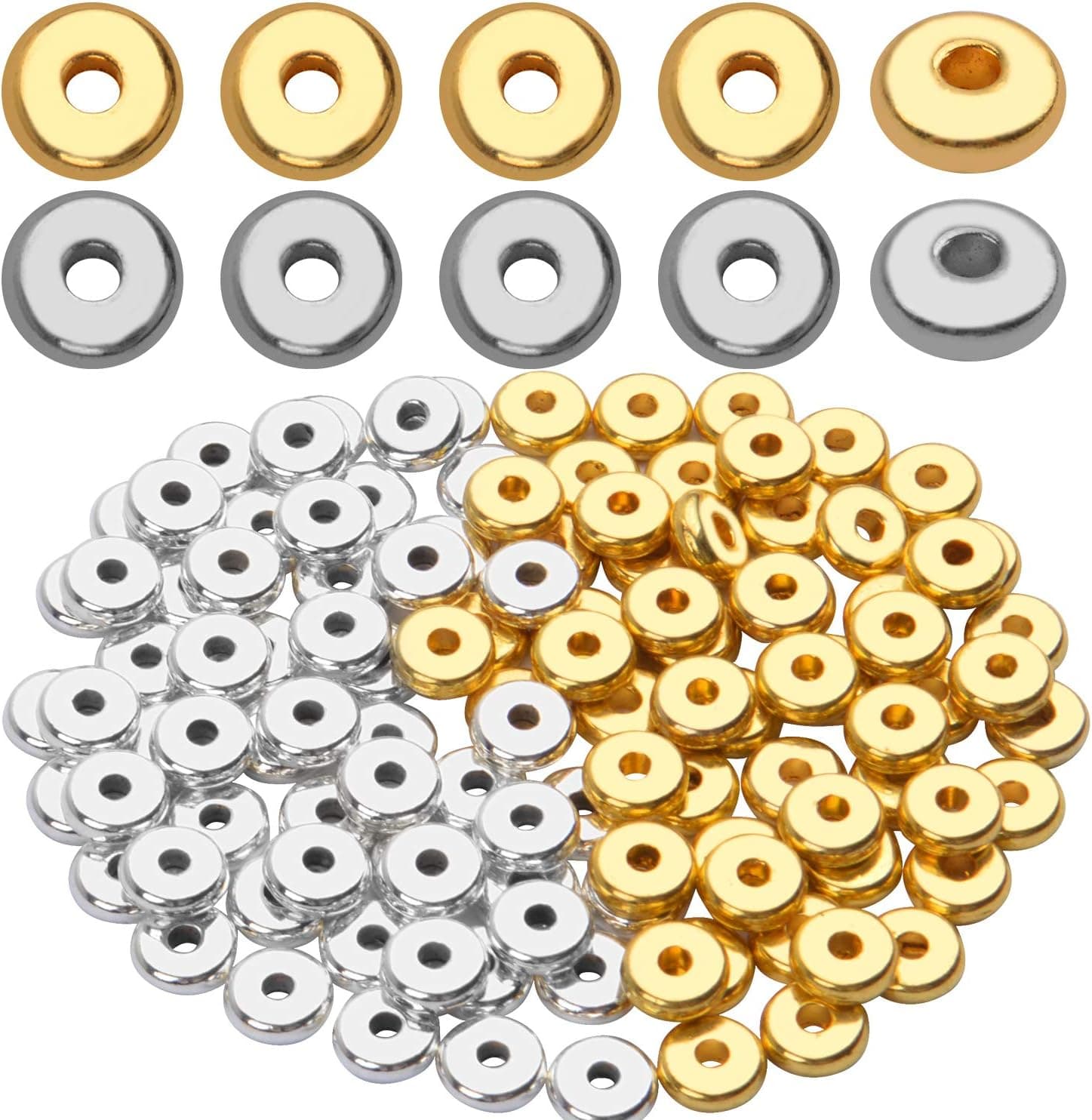 200pcs 8mm Flat Round Rondelle Spacer Beads Disc Spacers Loose Beads Jewelry Metal Spacers for DIY Bracelet Necklace Crafts, Gold and Silver