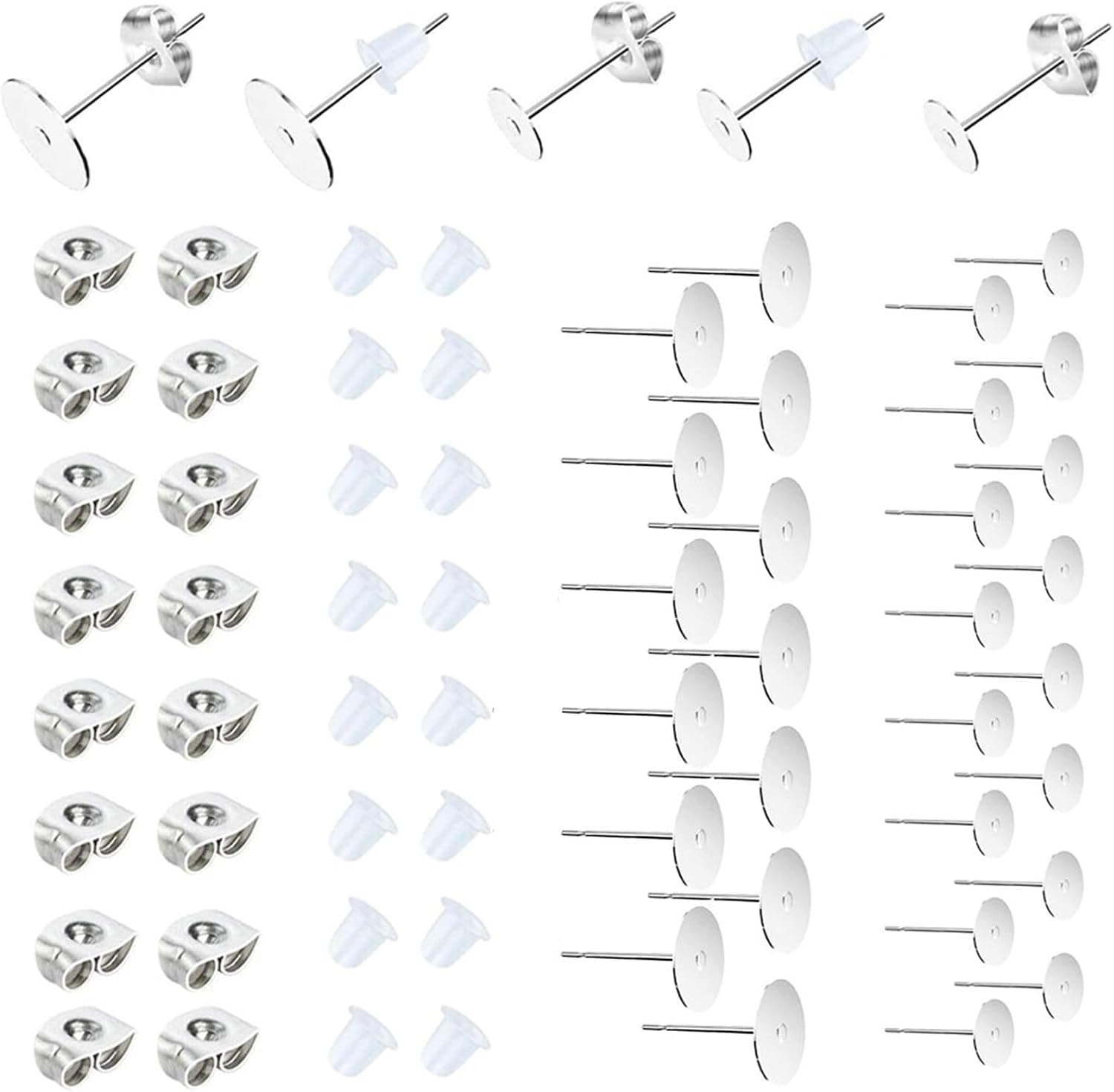 450PCS Earring Posts Stainless Steel Flat Pad, Hypoallergenic Stud Earrings with Butterfly and Rubber Bullet Backs (Silver)