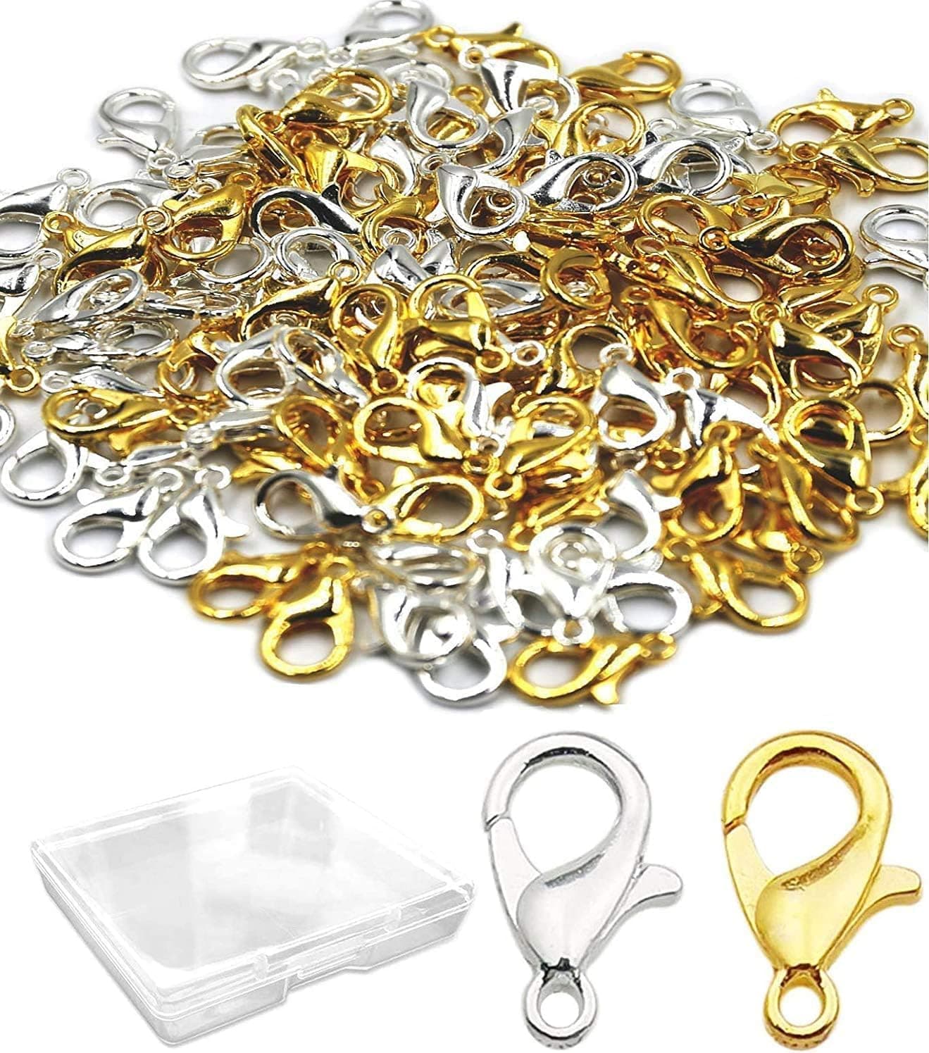 PinCute 120 Pieces Stainless Steel Lobster Claw Clasps, Silver & Gold Bracelet Necklace Clasps (12x7mm)