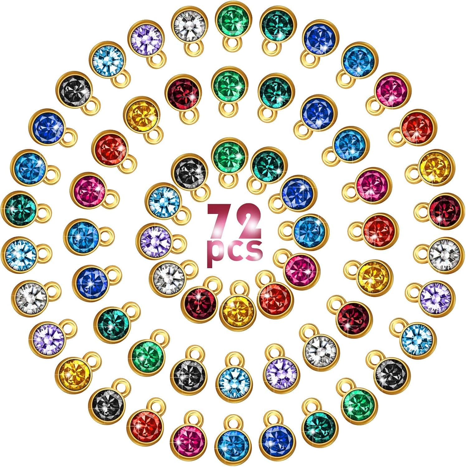 Hicarer 72 Pieces Crystal Birthstone Charms DIY Beads Pendant with Rings Handmade Round Crystal Charm, 7 mm, 12 Colors (Golden Base)