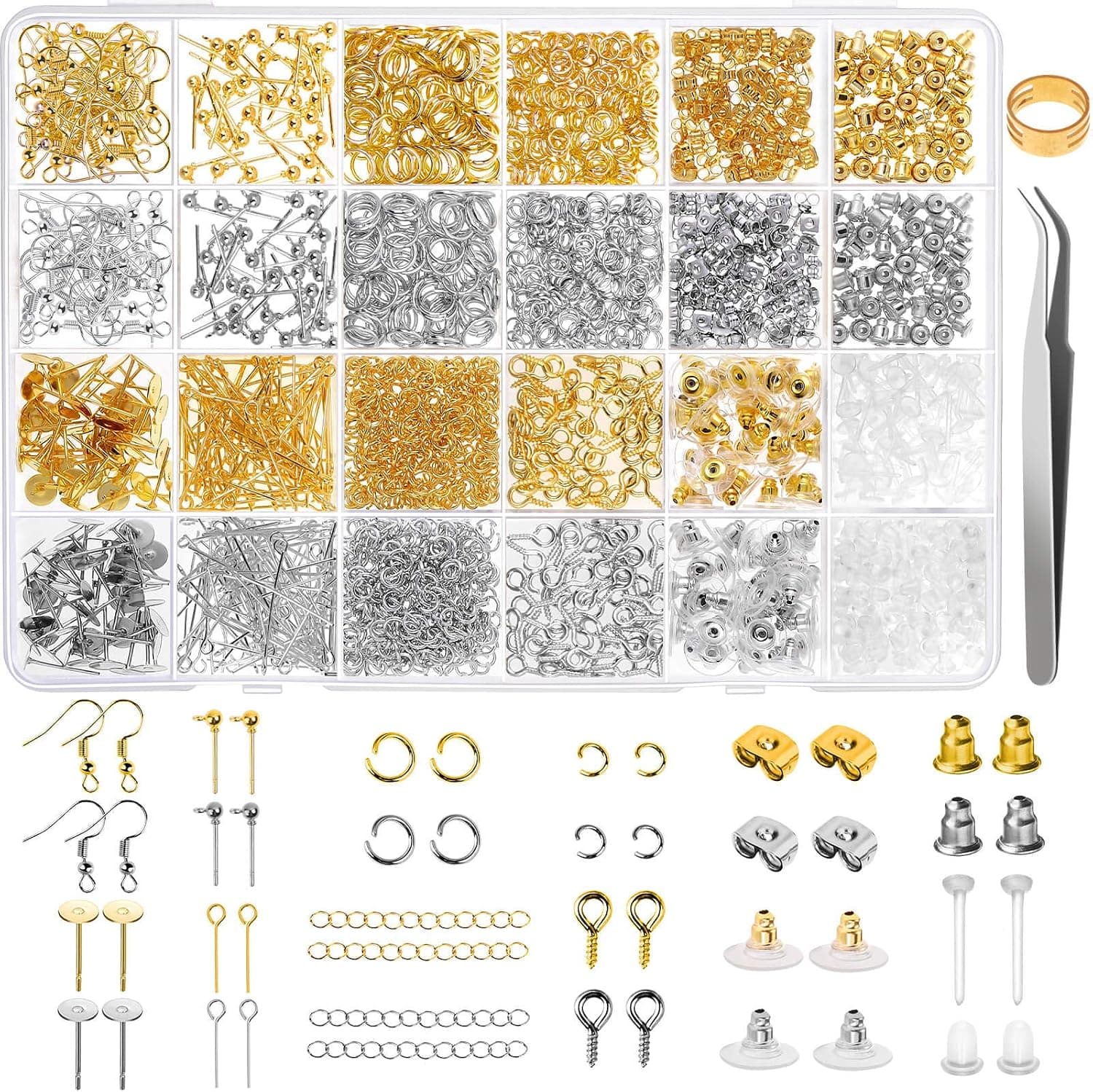 Caffox Earring Making Supplies Kit, 2900pcs Earring Hardware Pieces Repair Parts with Earring Hooks Posts Backs and Jump Rings