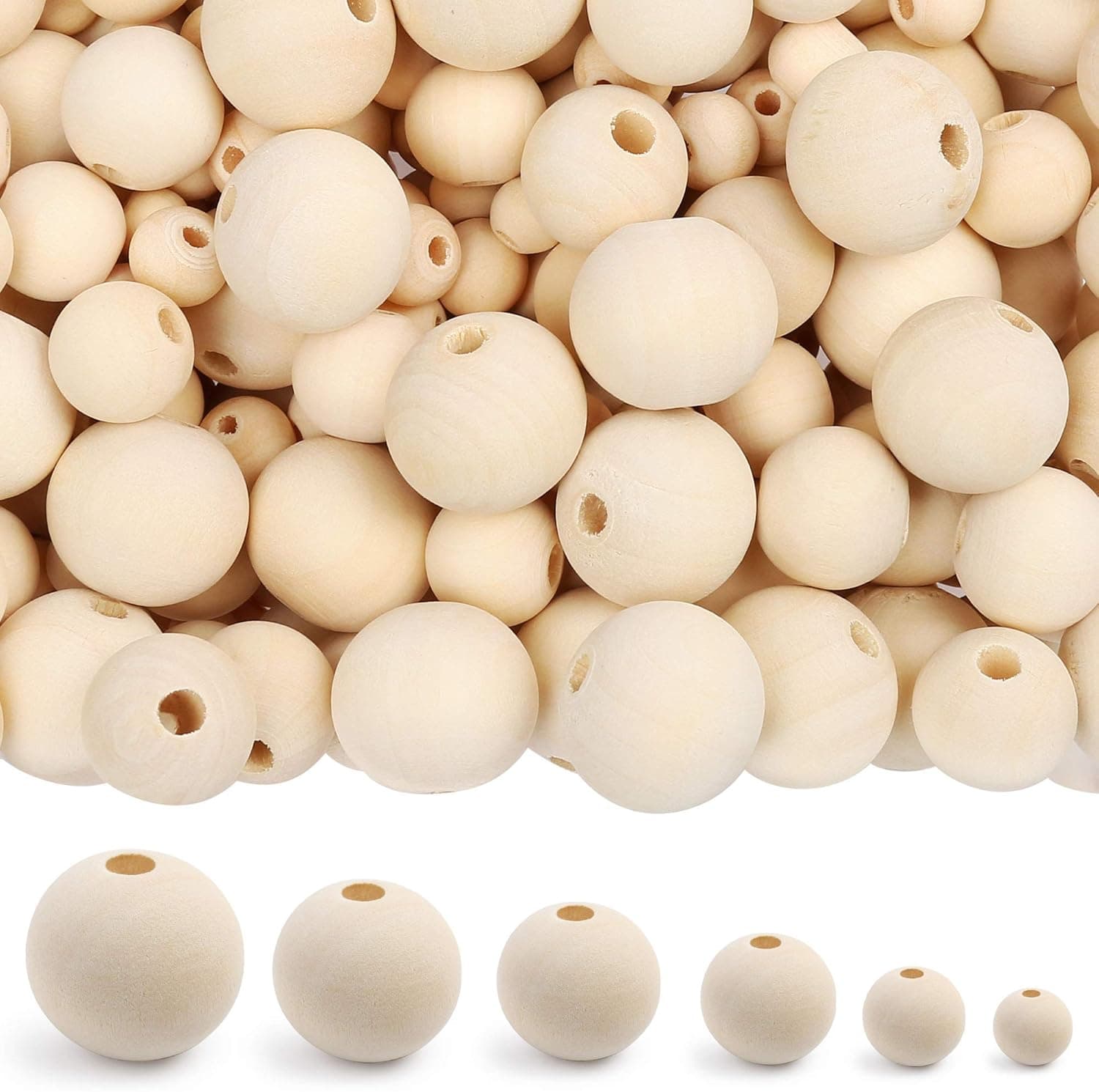 LotFancy Wooden Beads, 500pcs 6 Sizes Unfinished Natural Wood Beads for Crafts, Round Predrilled