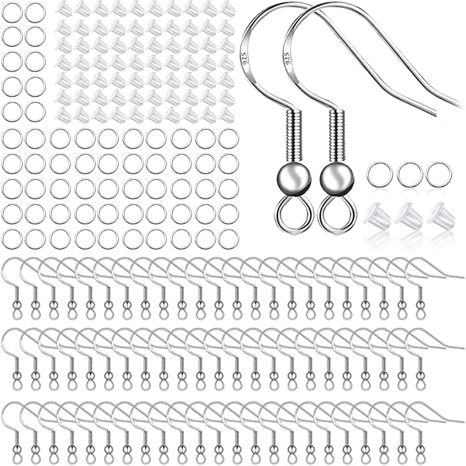 925 Sterling Silver Earring Hooks 150 PCS/75 Pairs, Ear Wires Fish Hooks with Jump Rings and Clear Silicone Backs