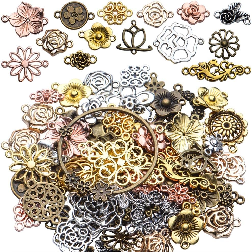 Jewelry Connectors Charms, 100 Gram Flower Tibetan Style Mixed Flower Shape Pendants Metal Beads Link Connector Charms