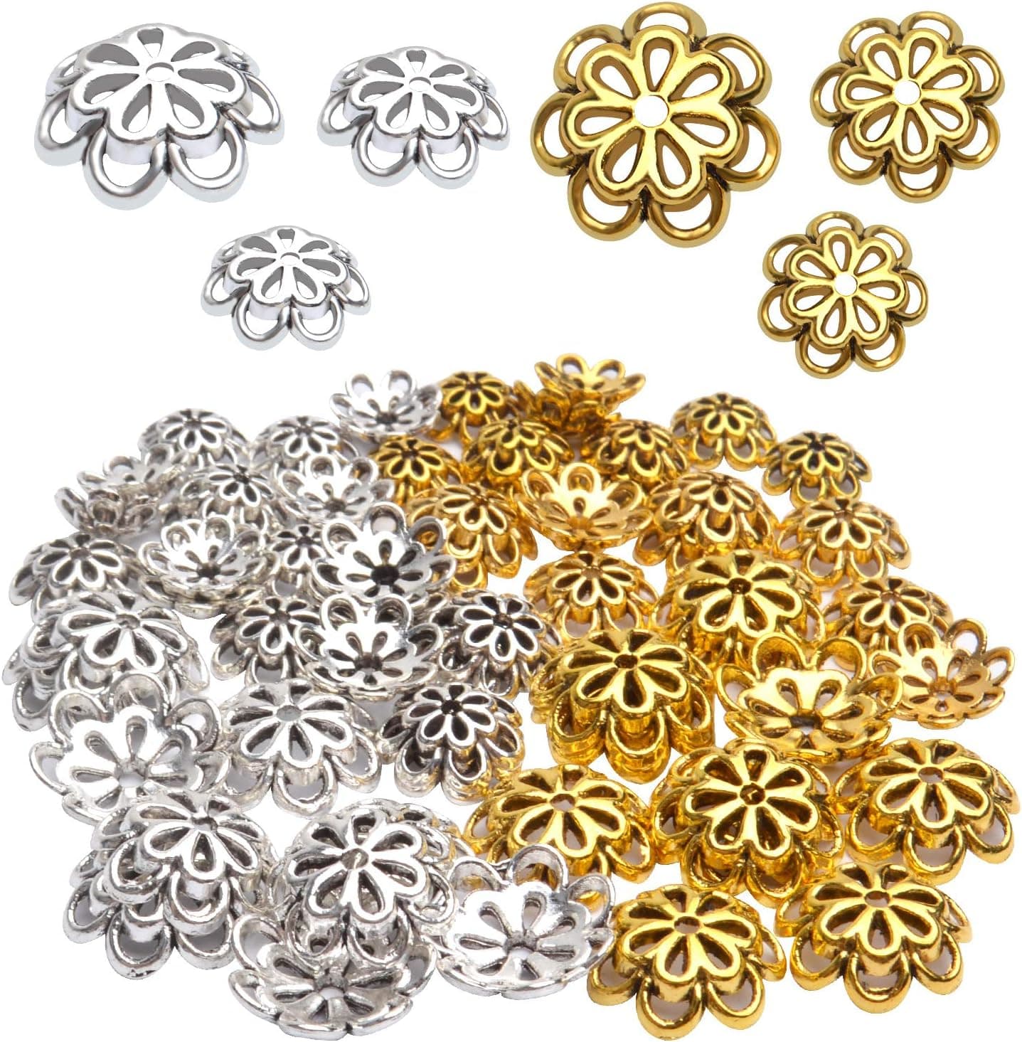 Alloy Bead Spacer End Caps - 60pcs Hollow Double Flower, Antique Golden & Silver, 10-15mm for Jewelry Making