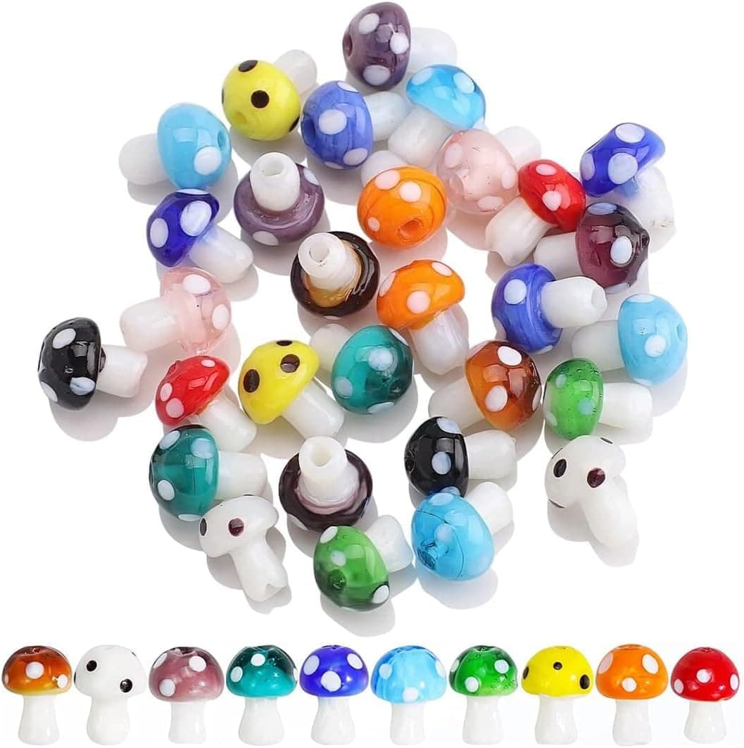 40PCS Mushroom Bead Mixed Color Fashion Murano Handmade Lampwork Glass Smooth Loose Beads Holes Charms Fit Jewelry Making Findings