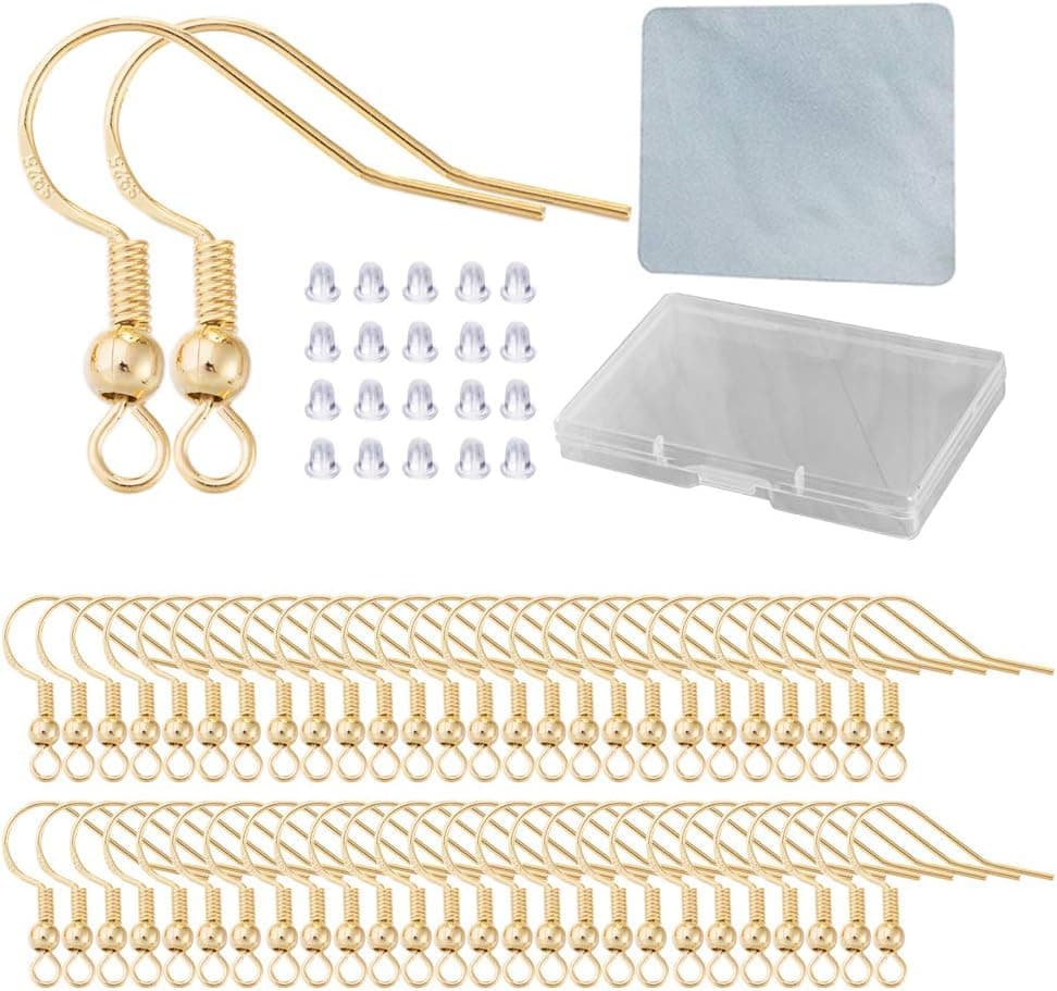 Earring Hooks for Jewelry Making - 120 pcs/60 Pairs Hypoallergenic 14K Gold Ear Wires Fish Hooks with Rubber Backs