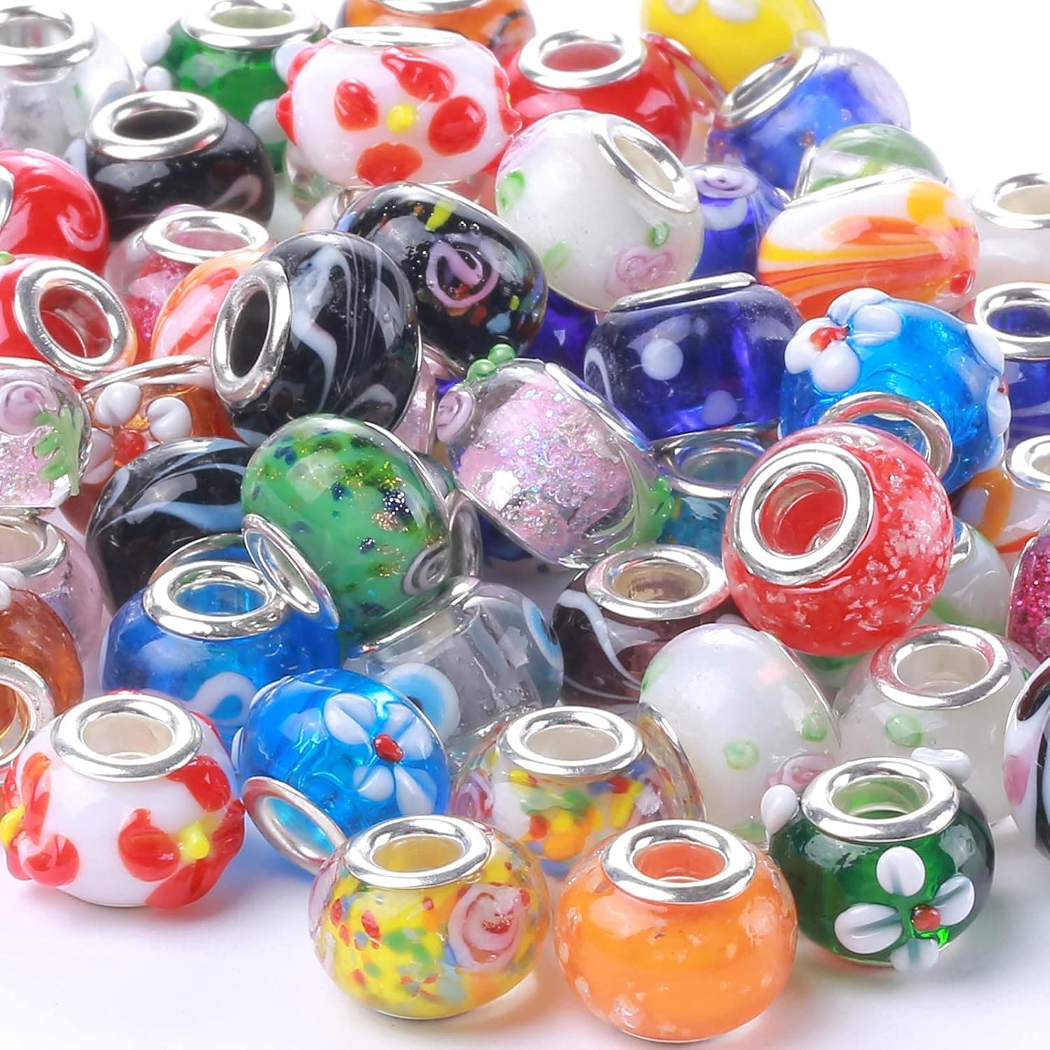 Weebee Murano Glass Beads Large Hole Glass Beads European Lampwork Spacer Charms Bead Silver Plated Cores Bracelet Charm for DIY Crafts 50 Pcs Mixed