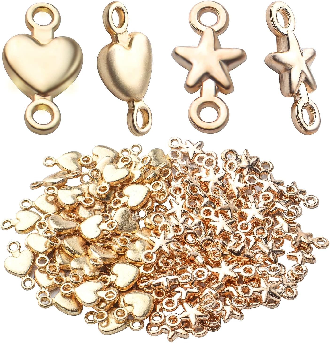 Jewelry Connector Charms, 100pcs Gold Plated Heart Star Charm Connectors Alloy Jewelry Charms Pendants for Bracelet DIY