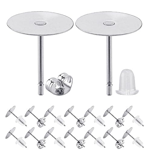 BEADNOVA Earring Hardware 180pcs 10mm Stainless Steel Earring Posts Flat Pad Ear Stud with Clear Rubber and Butterfly Stud Backs for Jewelry Making Ear Post DIY (10mm, Total 180pcs)