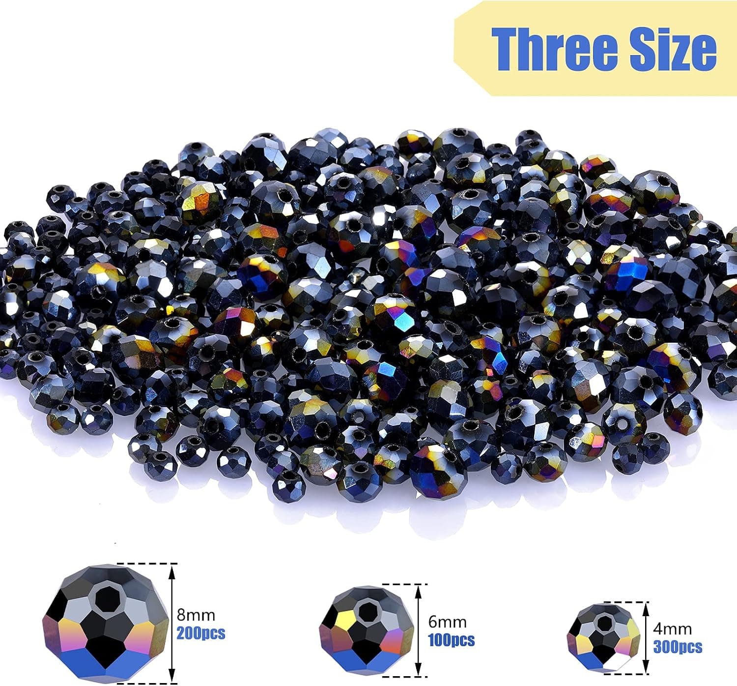 WILLBOND 600 Pcs Crystal Glass Beads for Jewelry Making Bulk Faceted Rondelle 8mm 6mm 4mm (Black AB)