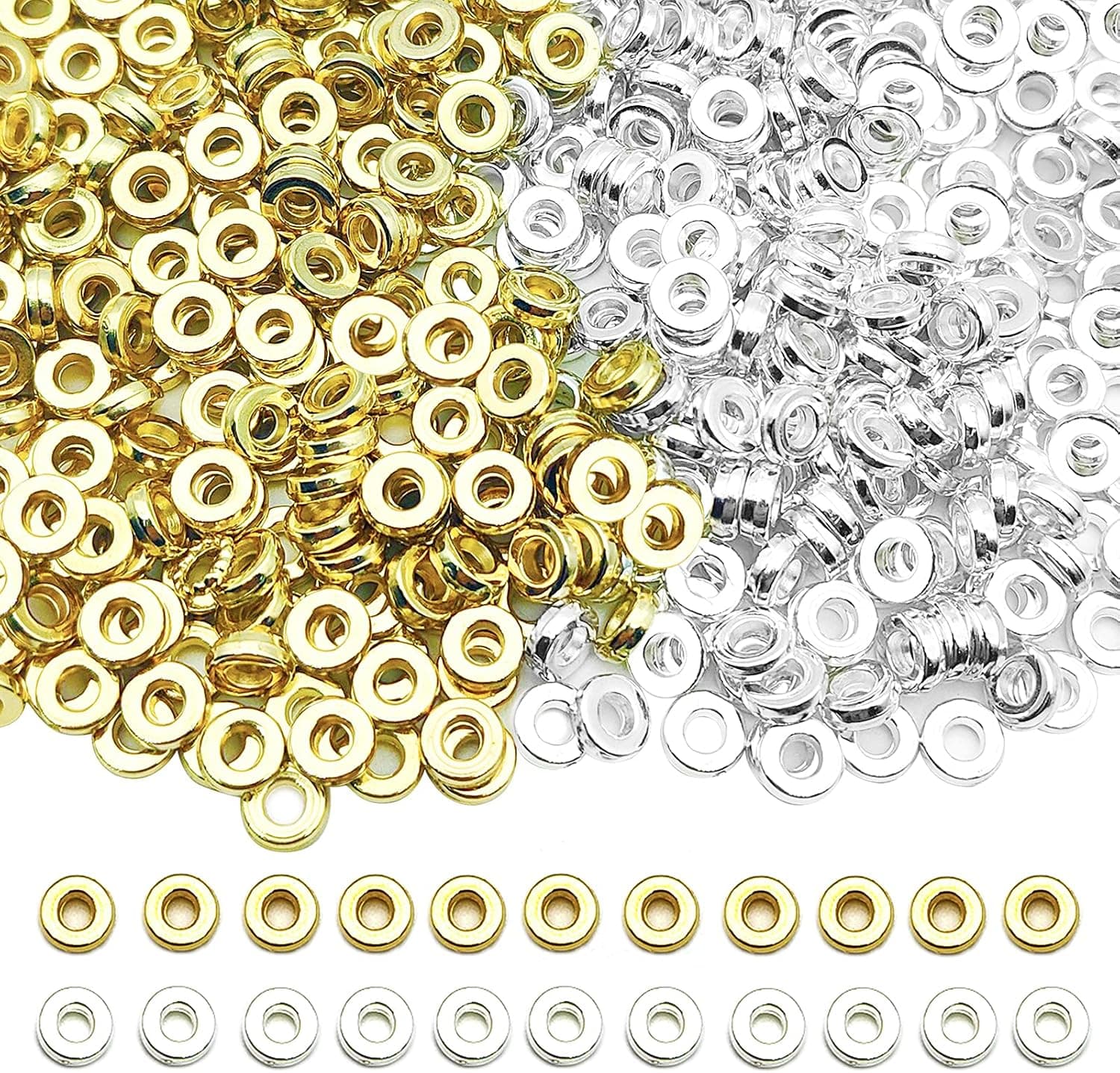 1000Pcs Flat Round Rondelle Spacer Beads for DIY Crafts, Gold Silver Disc Spacer Loose Beads for DIY Jewelry Making, Bracelet Necklace Earring Crafts