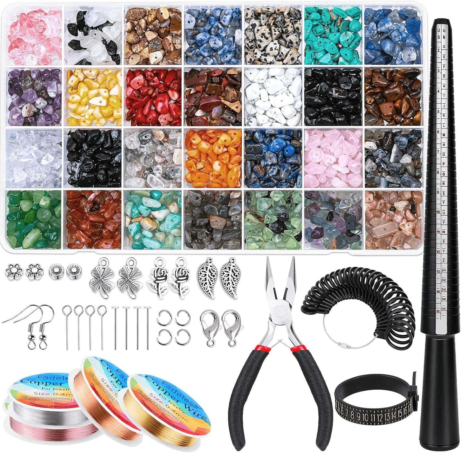 Acejoz Ring Making Kit, 1718Pcs Jewelry Making Kit with 28 Colors Crystal Gemstone Chip Beads, Ring Sizer Tools, Jewelry Wire, Jewelry Pliers