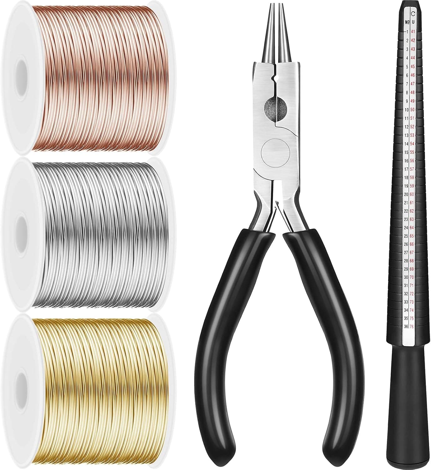 Jewelry Wire for Jewelry Making 18/20/22 Gauge Craft Wire with Pliers and Ring Sizer (3 Rolls, Gold, Silver, Rose Gold)