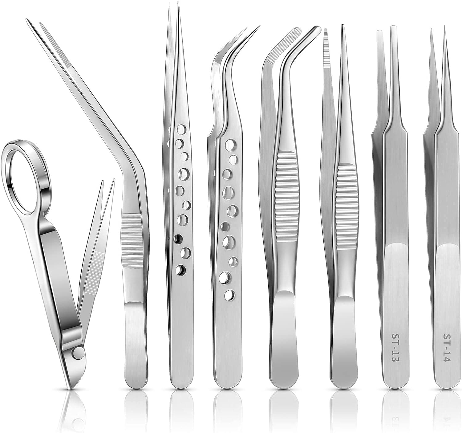 8 Pcs Tweezers Set Stainless Steel Tweezers Forceps with Magnifying Glass Straight Fine Point Forceps Curved Round Flat Tip Tweezers