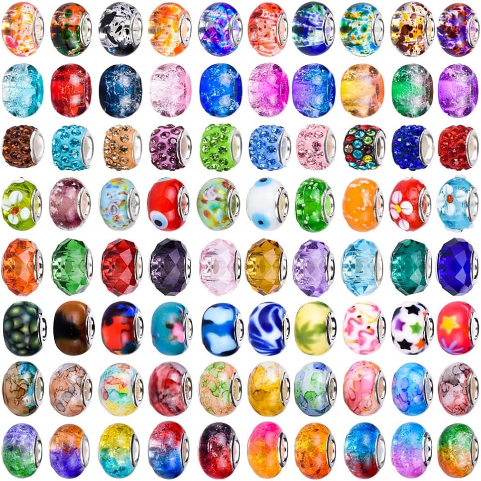 120 Pieces Assorted European Craft Beads Large Hole Lampwork Spacer Beads Colorful European Beads for DIY Necklace Bracelet Jewelry Making (Out Flower)