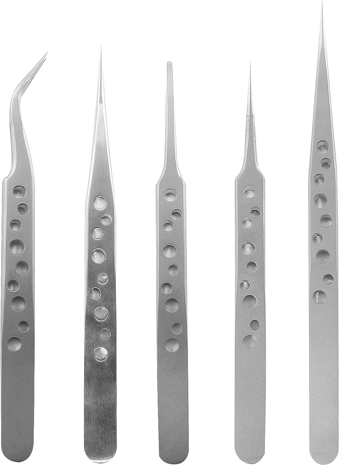 Bonsicoky Precision Tweezers Set, 5Pcs Stainless Steel Fine Tip Tweezers 9 Holes Straight and Curved Tip Tweezers for Crafts Making
