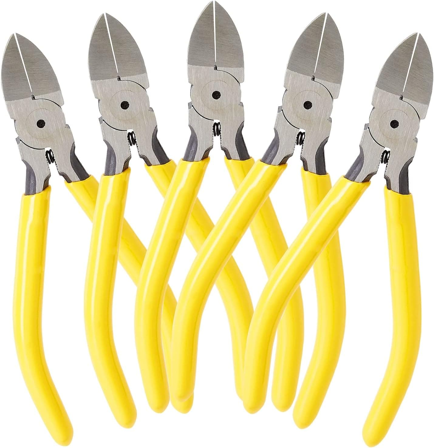 Built Industrial Cr-V Steel Flush Wire Cutters - 5-Pack, 5-Inch, Yellow Handles - Spring-Loaded Ergonomic PVC Grip Side Cutters for Jewelry Making & DIY Crafts