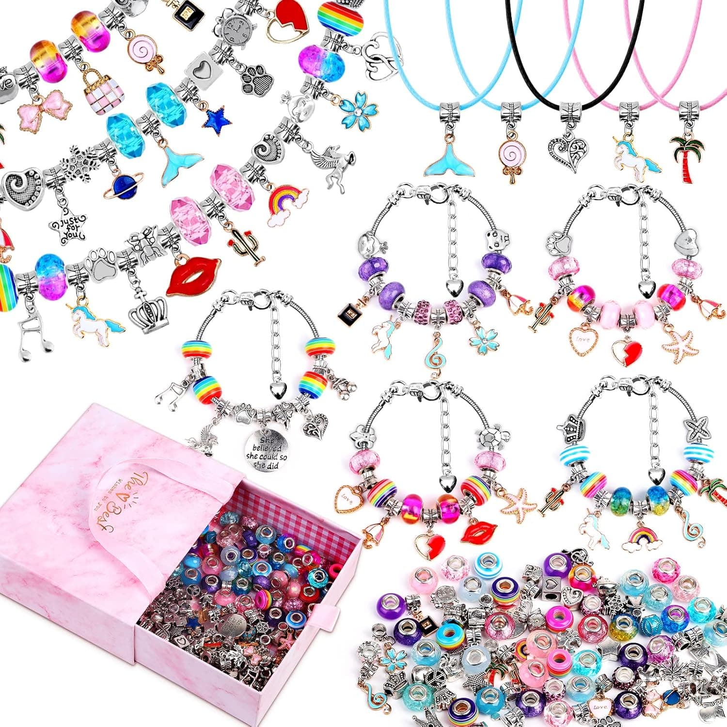 Mckanti 150 Pieces Mixed-Style Jewelry Making Kit, DIY Charm Bracelet & Necklace Craft Set with Beads, Pendants and Chains