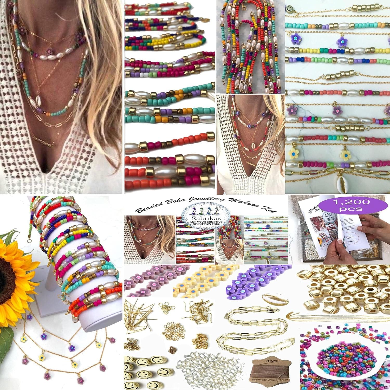 Sabrikas Let Your Creative Spirit Run Free Adults Jewelry Making Kit 1220 Pieces Boho Beads Necklace Bracelet Earrings DIY Hobby Kit Gift Set