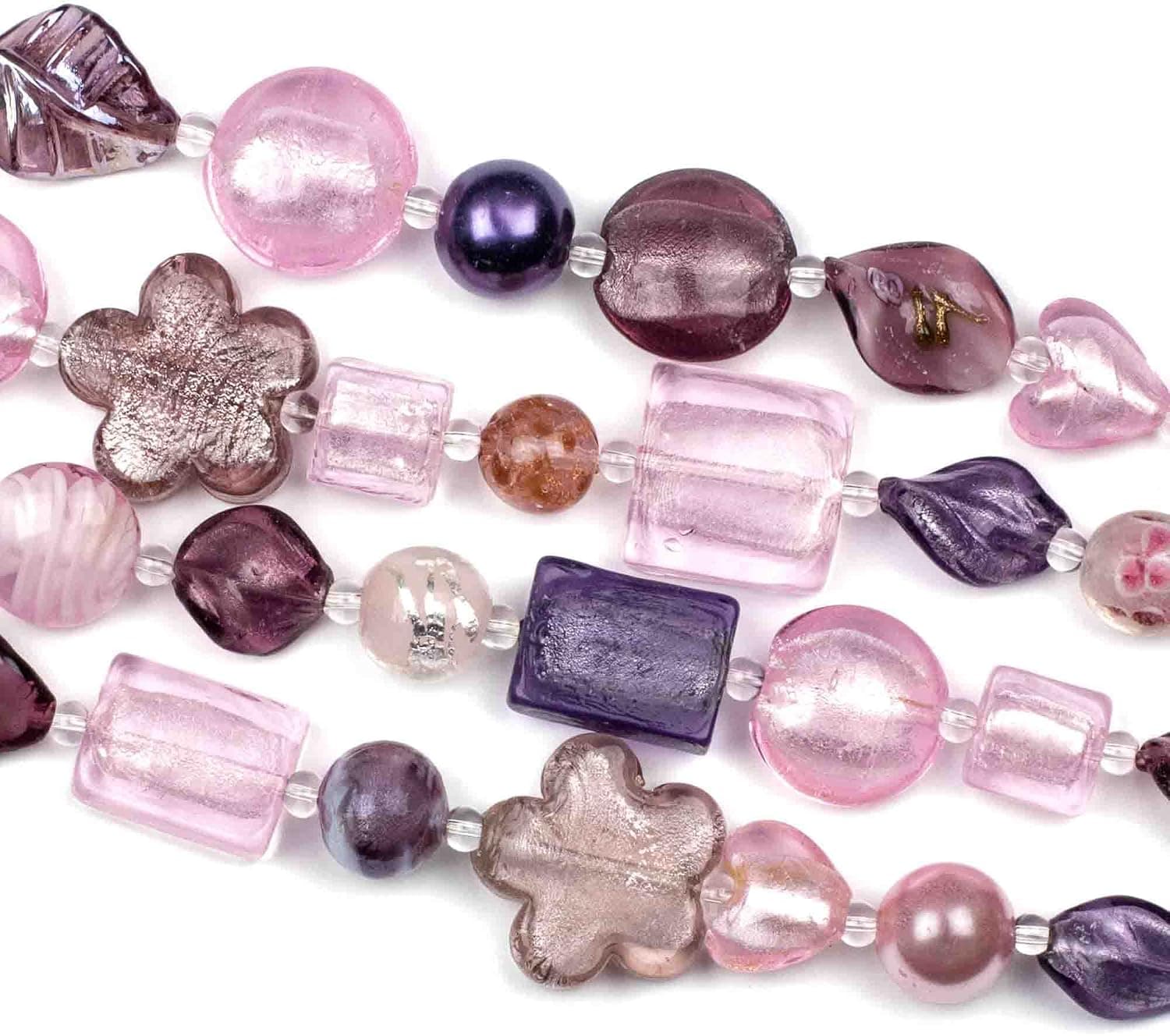 Cherry Blossom Beads Handmade Murano Style Lampwork Glass Pink and Purple Mixed Beads 8 Inch - Bulk 4 Assorted Strands